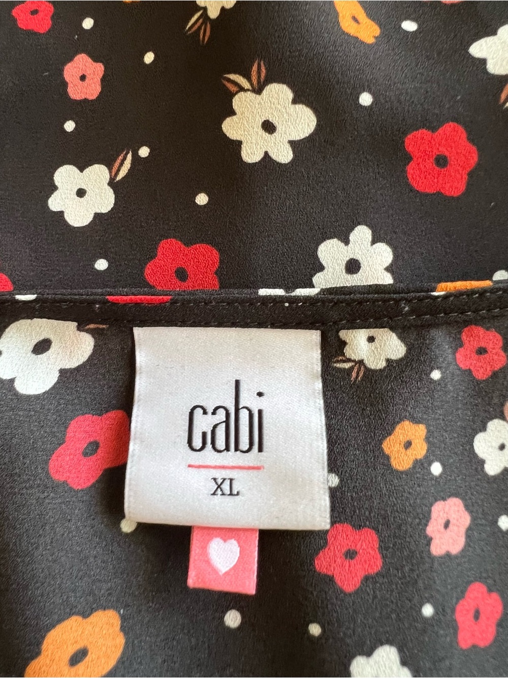 CAbi Black Floral Blouse with Red, White & Orange Blooms